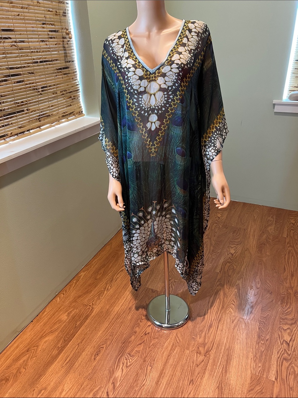 Sheer Silk  Peacock-Inspired V-Neck Kaftan Size M